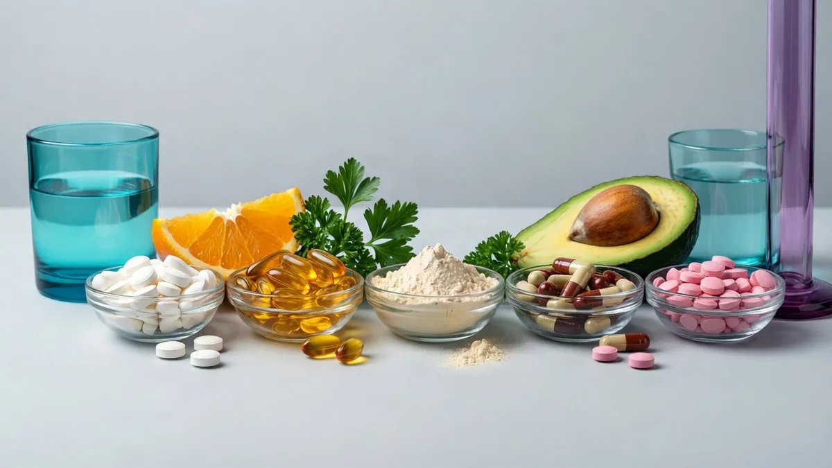 Fila de cuencos de cristal con distintos comprimidos, cápsulas y polvos junto a fruta y aguacate