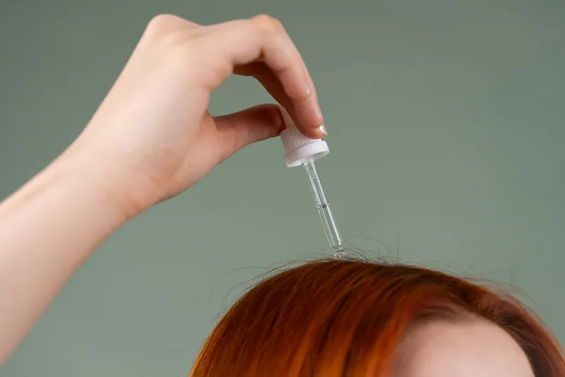 Aplicación de un sérum capilar con gotero sobre el cabello